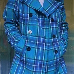 Old Navy brand blue plaid wool peacoat